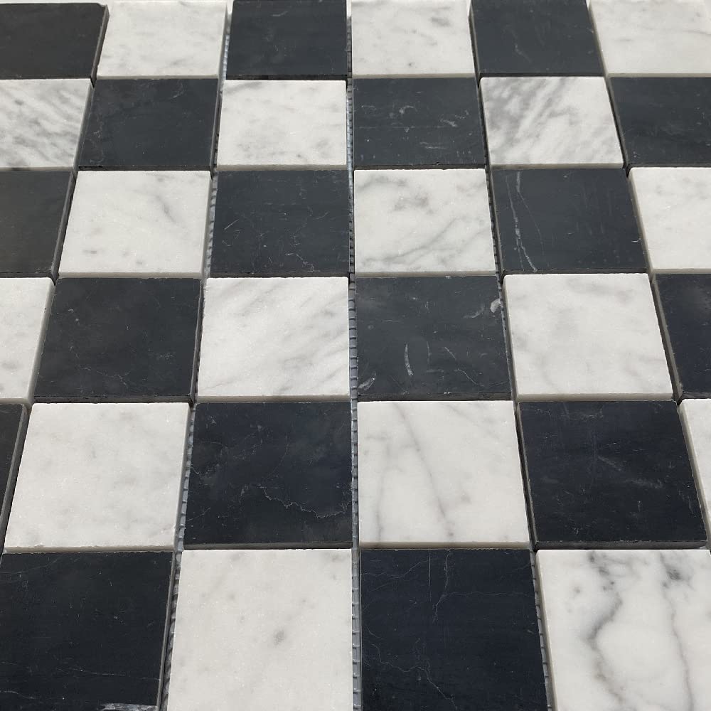 Carrara White & Nero Marquina Black Marble 2x2 Checkerboard Mosaic Tile Honed Kitchen Bath Wall Floor Backsplash