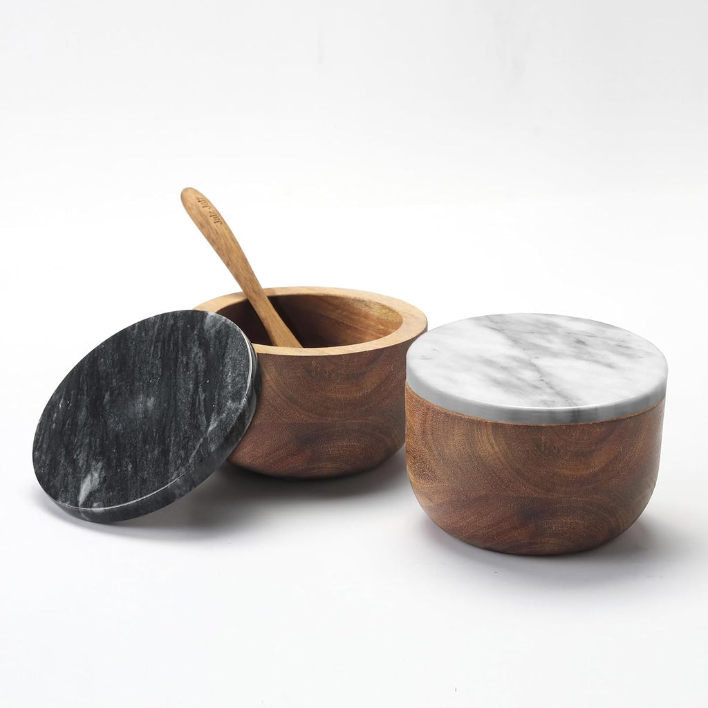 Acacia Wood Salt Cellar with white Marble Lid, 10oz Pinch Pot & Spoon