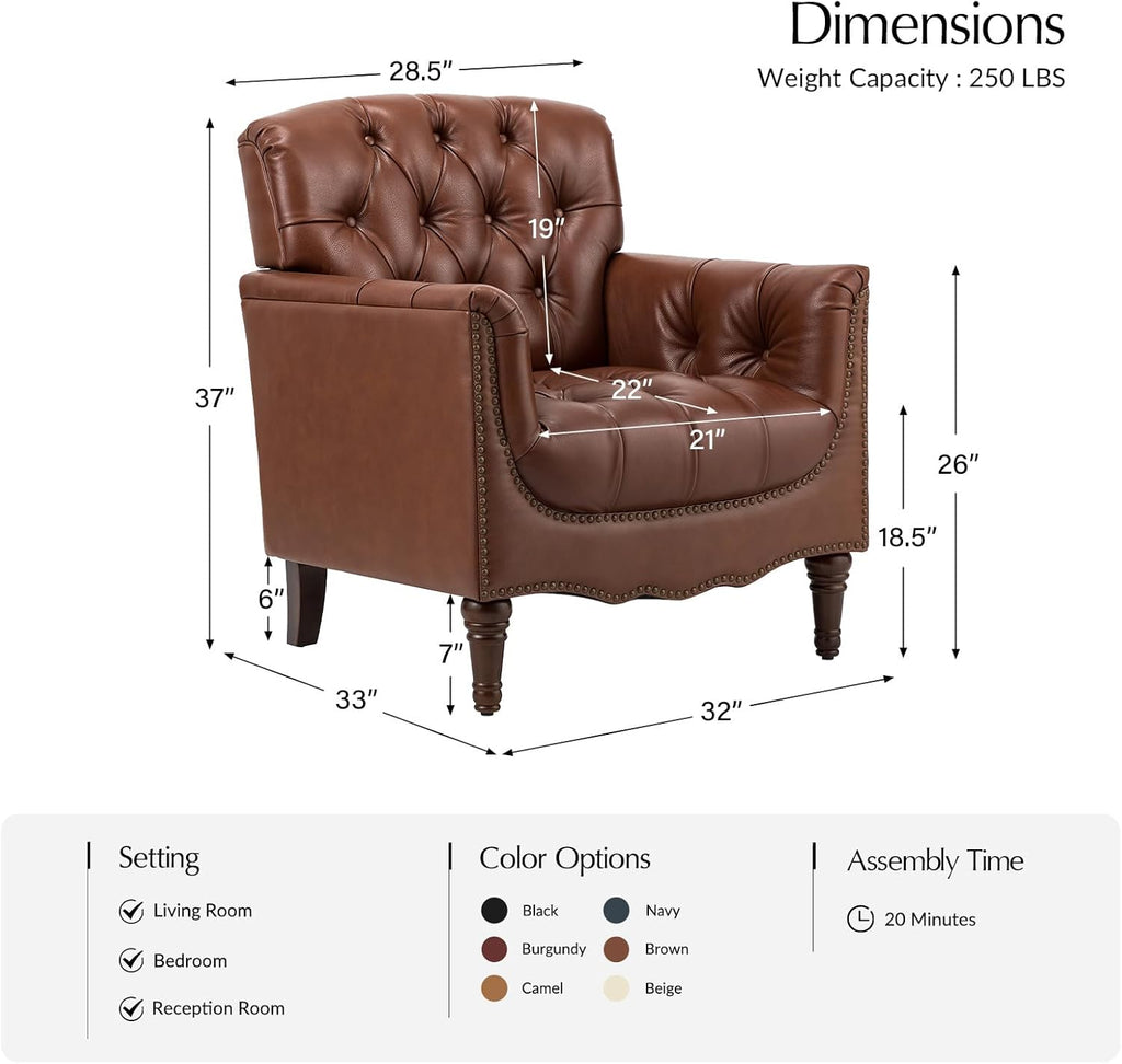 Mid Century Modern Genuine Leather Accent Chair, Brown