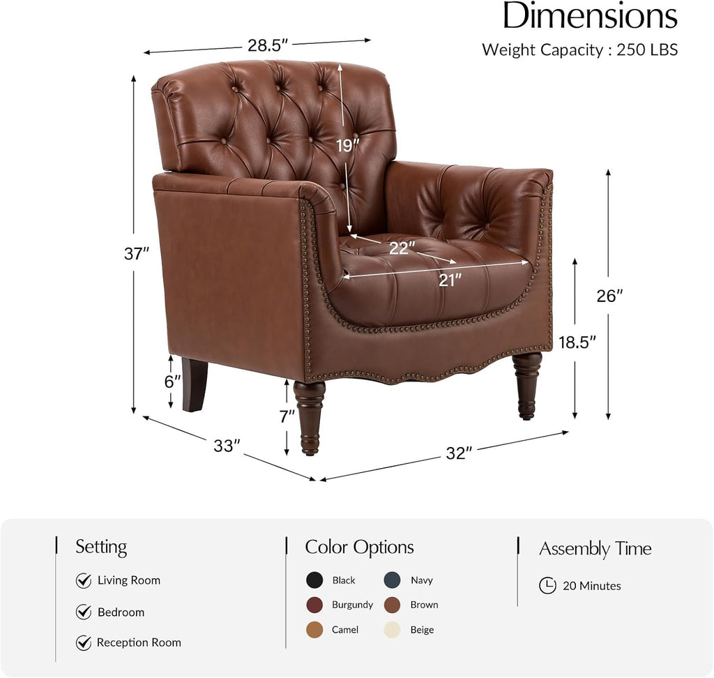 Mid Century Modern Genuine Leather Accent Chair, Brown - Set of 2