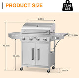 4-Burner Propane Gas Grill with Side Burner, 58,000 BTU Stainless Steel Grill with Cast Iron Grates and Built-In Thermometer for Patio and Backyard