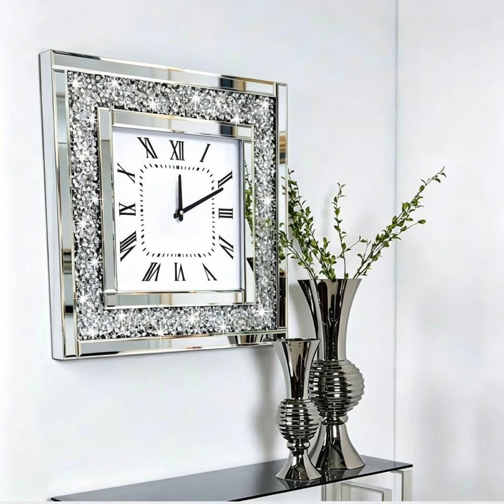Silver Square Mirror Clock 20x20inches Crystal Sparkle Twinkle Bling Crushed Diamond Mirrored Large Wall Clock for