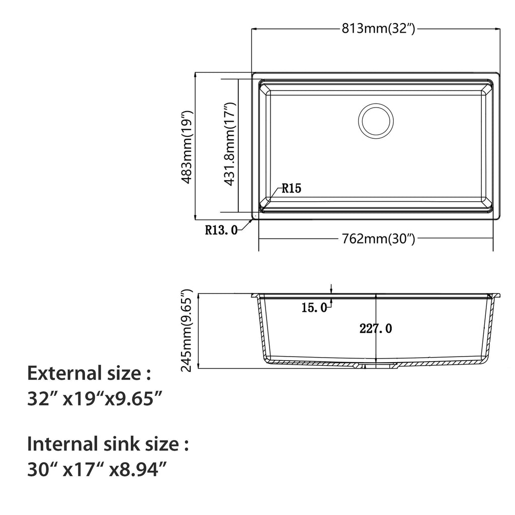 32 Inch Black Granite Composite Sink