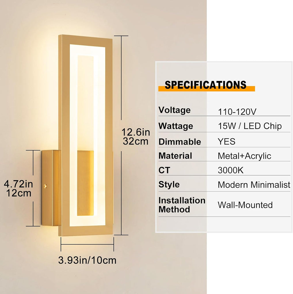 Modern LED Wall Sconces Set of 2, 3000K Warm White Led Wall Lighting Fixtures, Gold Minimalist Indoor Wall Lamp for