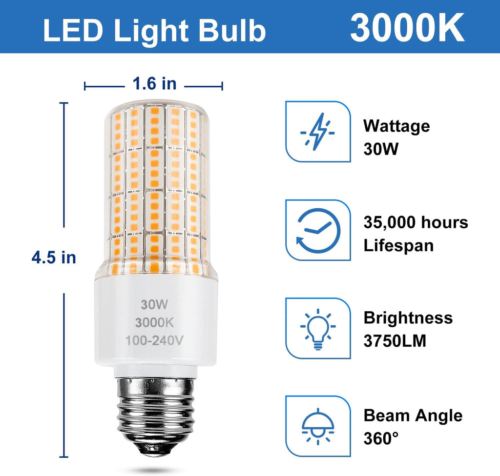 Led Light Bulb Equivalent 250w 2pcs Super Bright Led Bulbs, 3750 Lumen 3000k Warm Daylight White 30w Waterproof Led
