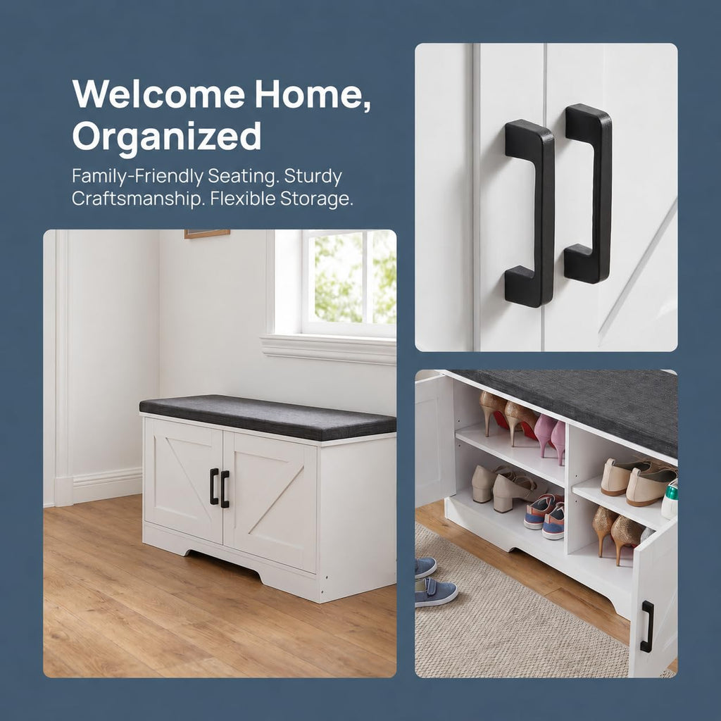 Farmhouse Shoe Storage Bench with 2 Barn Doors & Padded Seat Cushion