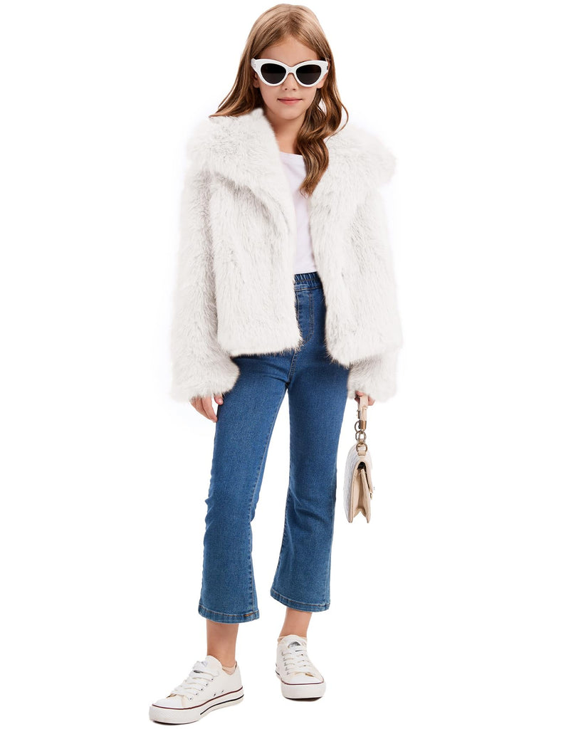Girls Faux Fur Coat Kids Fluffy Long Sleeve Lapel Collar Open Front Jacket Warm Winter Shaggy Outwear