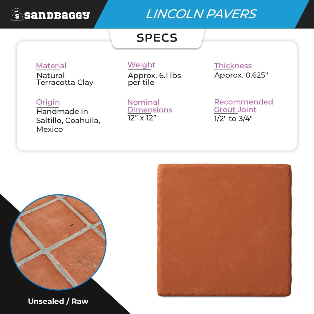 Lincoln Saltillo Tile 12x12 | Unsealed Handmade Square Mexican Terracotta Floor Tile - (12x12, 10, Count)