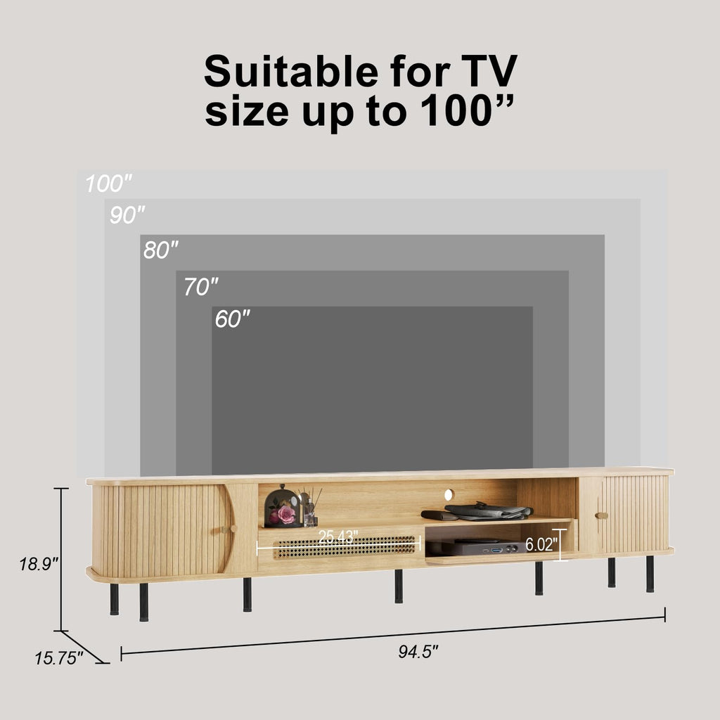 94" Mid Century Modern TV Stand, Wood TV Consoles with Sliding Doors and Rattan Door, Entertainment Center with