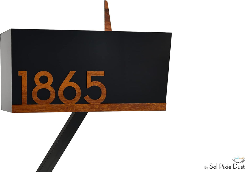Contemporary Post Mounted Mailbox - Aluminum (ACP) Black Body with Aluminum (ACP) Red Oak Door and Underline Numbers