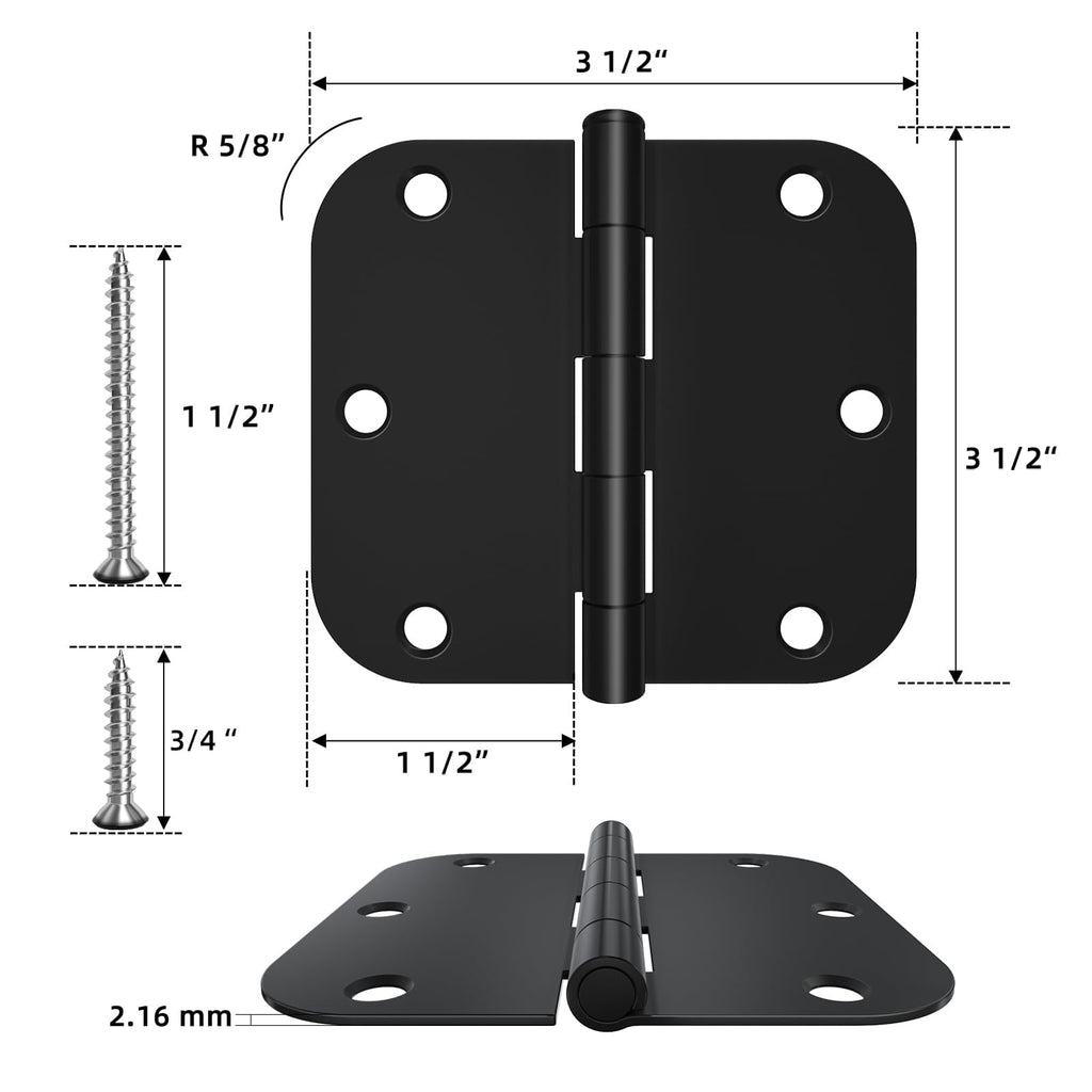 42 Pack 3.5 Inch Matte Black Door Hinges 5/8" Radius Corner, Flat Iron Residential Hardware for Interior Bedroom