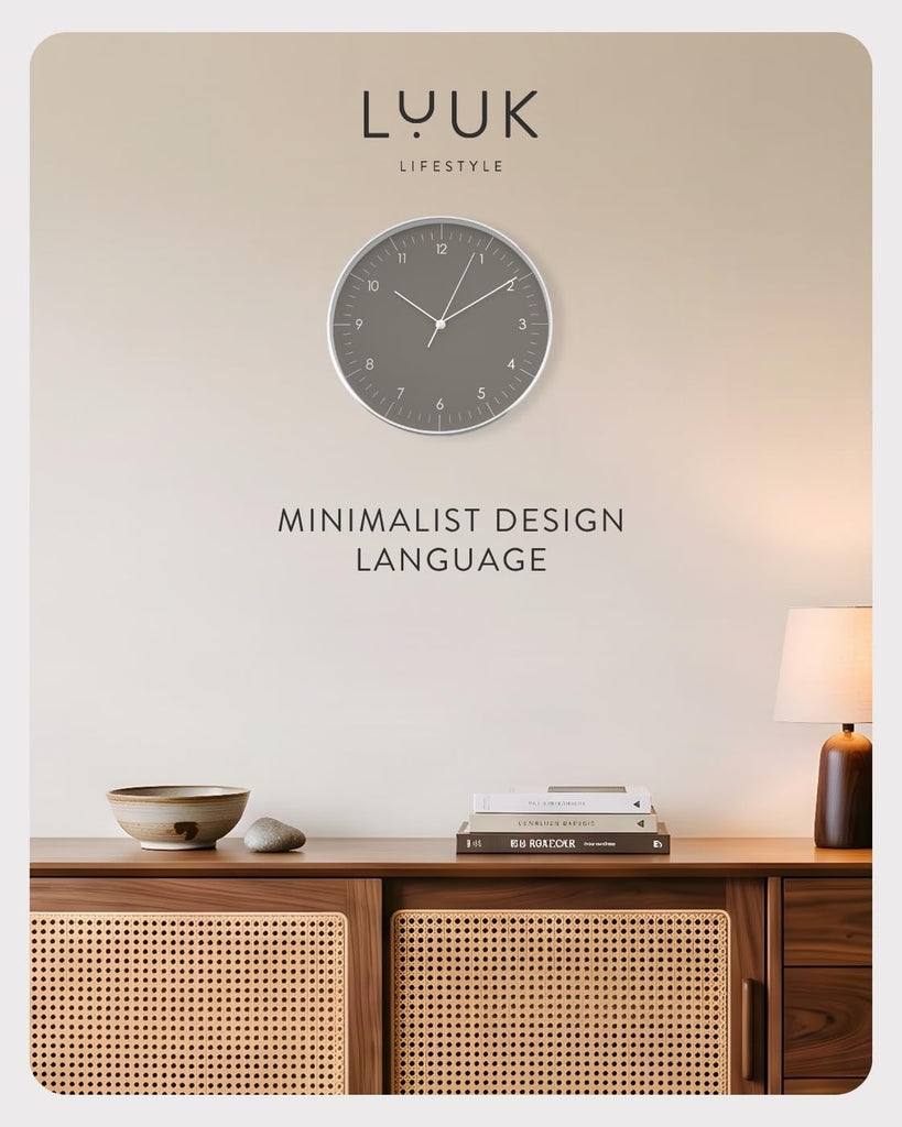 Modern Silent Quartz Wall Clock, 12in, Dark Grey & Gold
