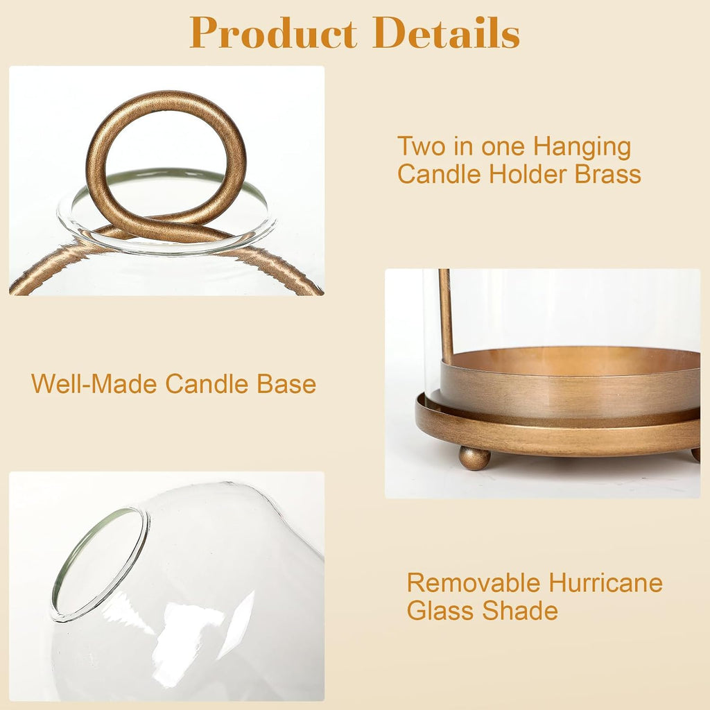 15"&9"&7" Hurricane Glass Candle Holders Set of 3, Metal Candle Holder with Handmade Glass Dome in Brass, Hanging