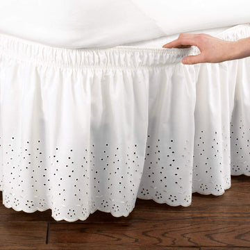 Eyelet Floral Scalloped Elastic Dust Ruffle Bed Skirt, Wrap-Around Easy Fit Design, White, Queen/King