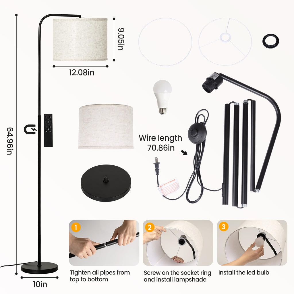 Arc Floor Lamp with Remote and Dimmable Black Floor lamps