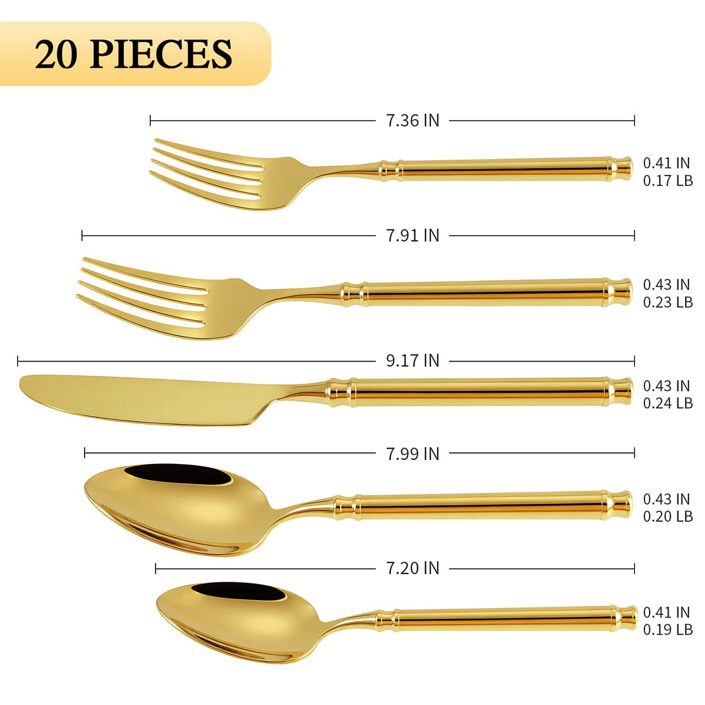 Gold Silverware Set 18/10 Stainless Steel Vintage Flatware Set, 20-Piece Hand Forged Mirror Gold Finish Cutlery