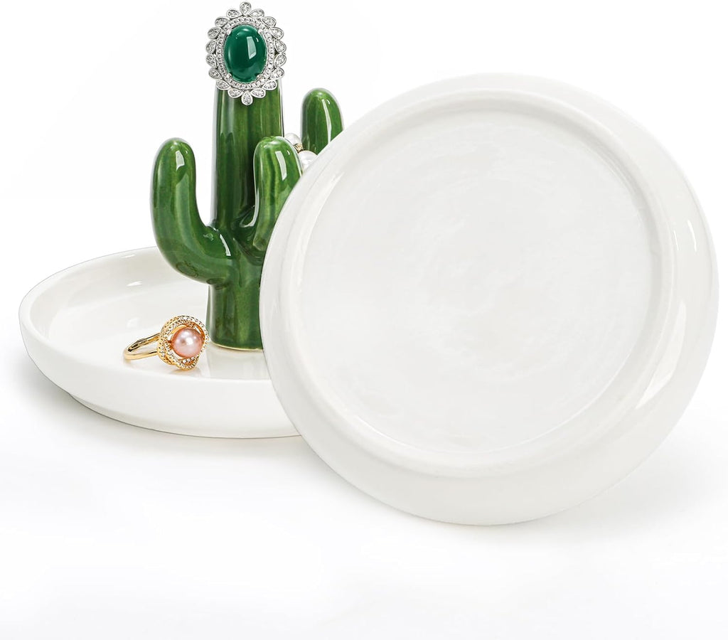 Ceramic Ring Holder Dish, Decorative Round Jewelry Display Trays, Aloe & Cactus Small Trinket Plate, Gift - Set of 2