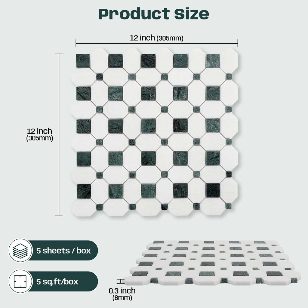 2 Inch Long Octagon Marble Mosaic Tile for Wall Floor, 5 Sheets