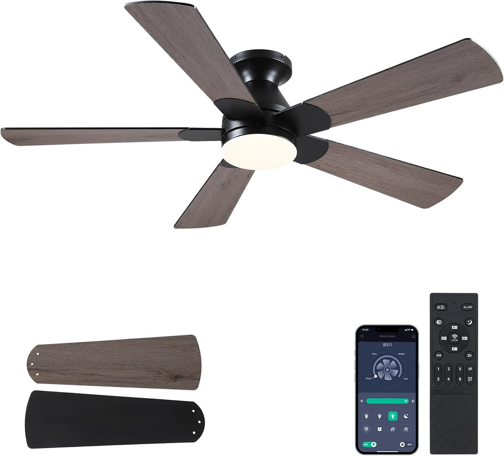Flush Mount Ceiling Fan with Lights - 52” Indoor/Outdoor Ceiling Fan Light with Remote/APP, Low Profile Modern Fan Light with 6 Speeds, Dimming, for Living Room, Brown A101-B0F2F9BZ8W