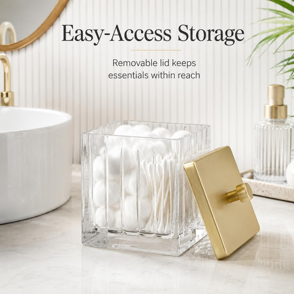 Glass Cotton Jar Holder - Matte Gold Lid, Elegant Bathroom Storage Canister for Qtips, Cotton Balls, Floss