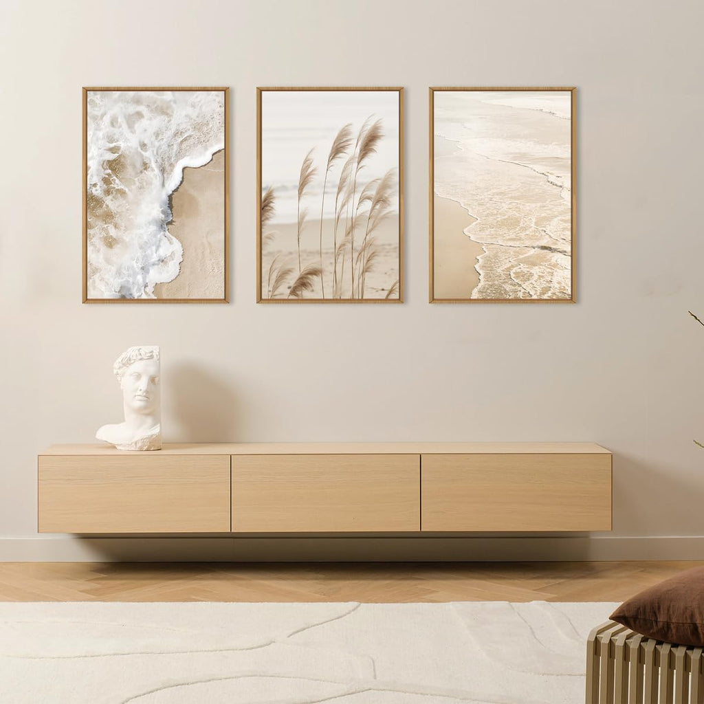 Large Beach Wave Pampas Grass Framed Canvas Wall Art Set-16"x24"x3