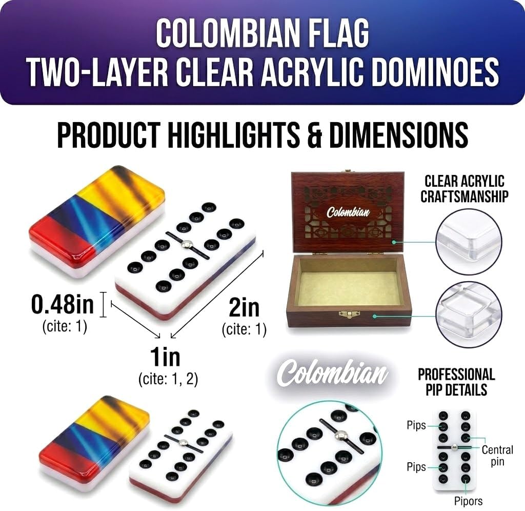 Colombian Premium Edition Dominoes Set Deluxe - Double Six Domino Tiles with Colombia Flag Design - Resin & Clear Top