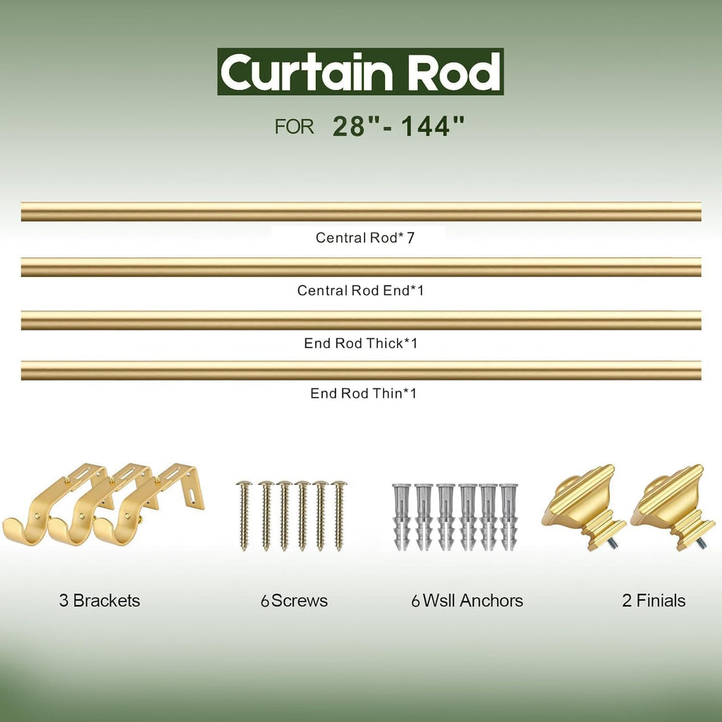 Gold Curtain Rods for Windows 72 to 144 Inch Heavy Duty Adjustable Length 1 Inch Diameter Window Curtain Rods for