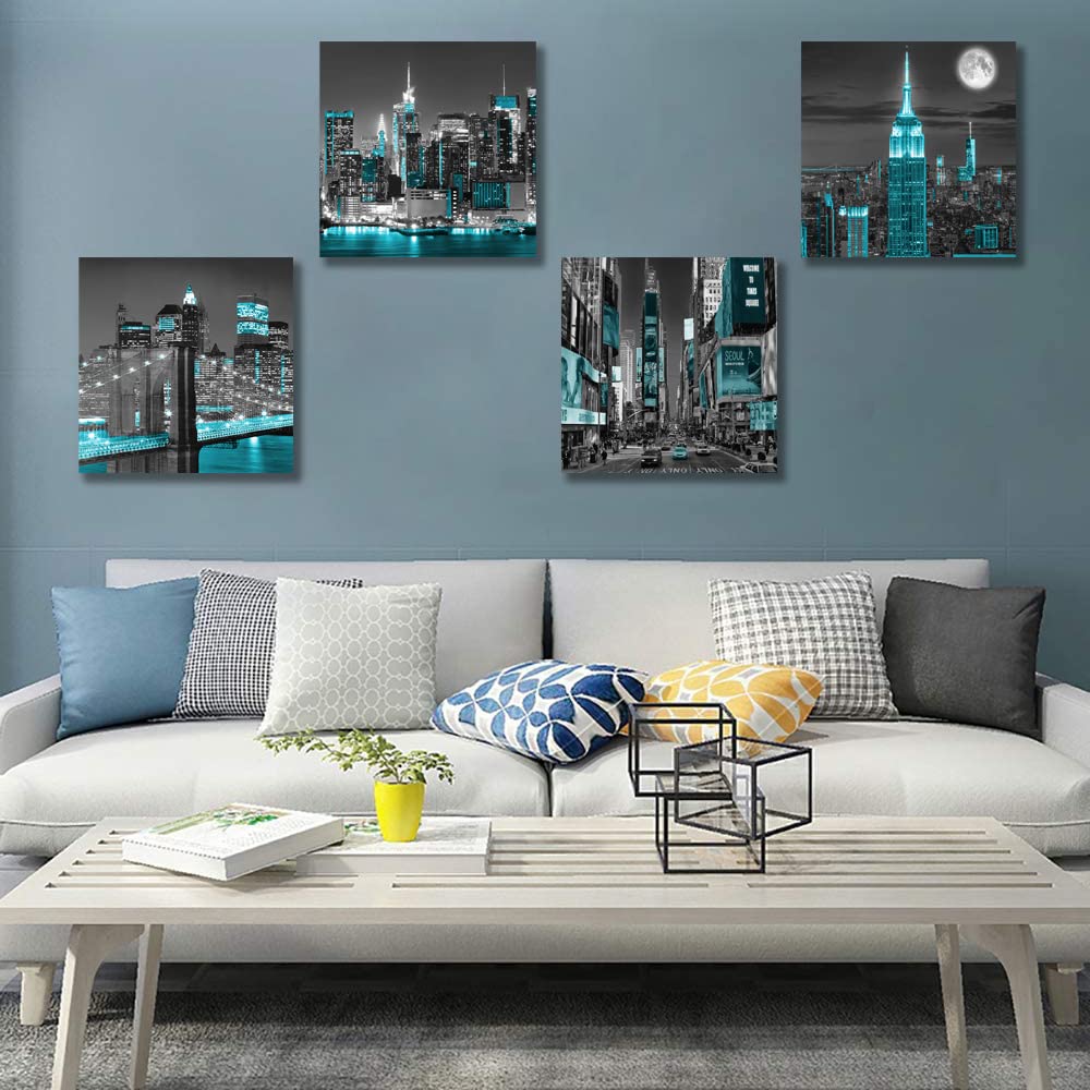 York City Canvas Wall Print black and white Brooklyn Bridge Pictures Blue Empire Building Wall Night View Modern