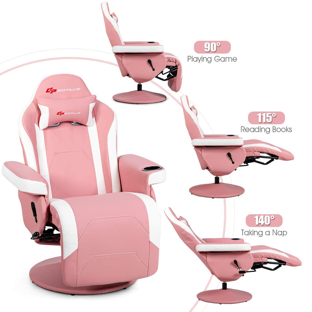 Pink Massage Gaming Chair, Racing Style Gaming Recliner w/Adjustable Backrest and Footrest, Ergonomic High Back PU