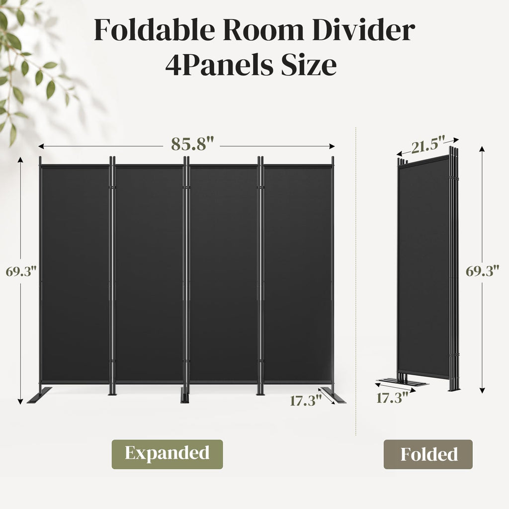 4 Panel Room Divider 6FT Tall Folding Privacy Screen, Black