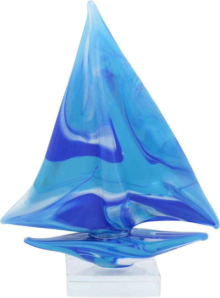 Sailboat On Base - Blue and Aqua Decorative Glass Sailboat Figurine Coastal Beach House Ornament Nautical Decor