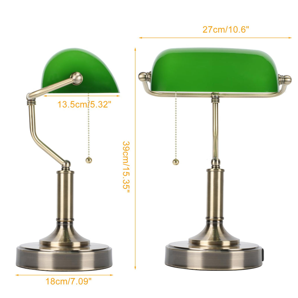 Bankers Lamp, Green Desk Lamp with Pull Chain Switch, Retro Lamp with USB and Type C Charging Ports, Vintage Lamp