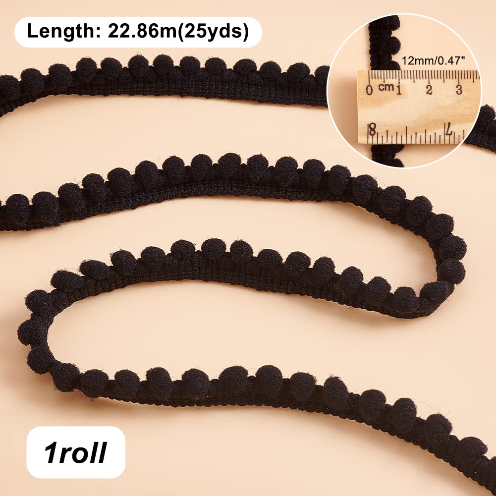 Pom Poms Balls Fringe Trim, 1/2 inch(12mm) Single Edge Ball Trim Fringe Black Sewing Ribbon Crafts Pompoms - 25 Yards