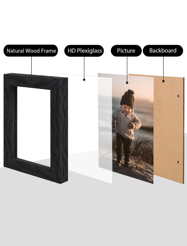 3.5x5 Picture Frame Black Wood, Solid Wood Frames with Plexiglass for Table Top and Wall Mounting, Photo Frames for