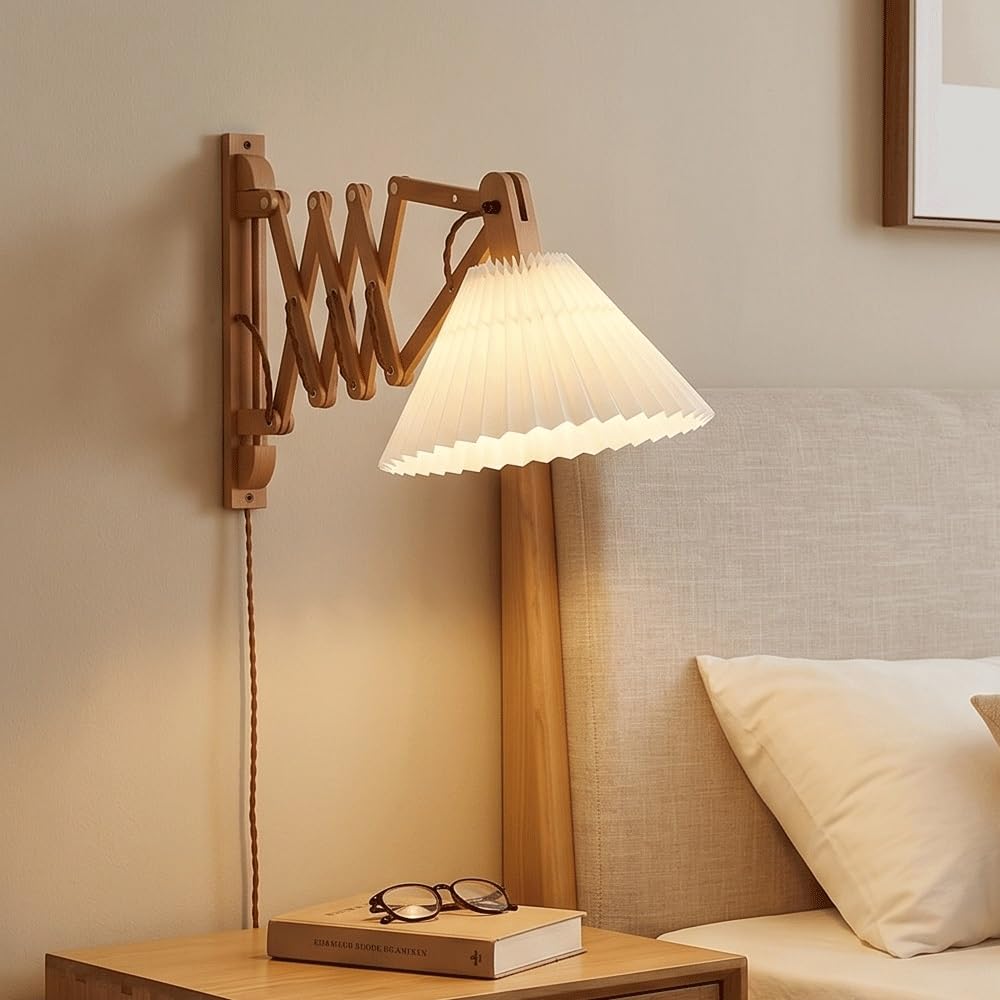 Extendable Wood Wall Sconce Lighting,Mid-Century Accordion Wall Light Fixture,Wall Lamp with Pleated Fabric