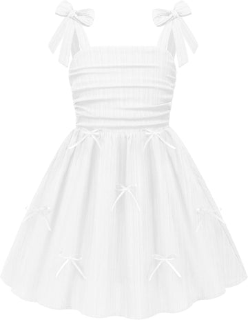 Girls Dresses Ruched Smocked Back Spaghetti Strap Bow Sundress