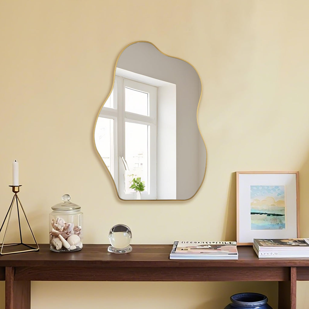Irregular Asymmetrical Wall Mirror, 28" x 20" Gold Bathroom Mirror