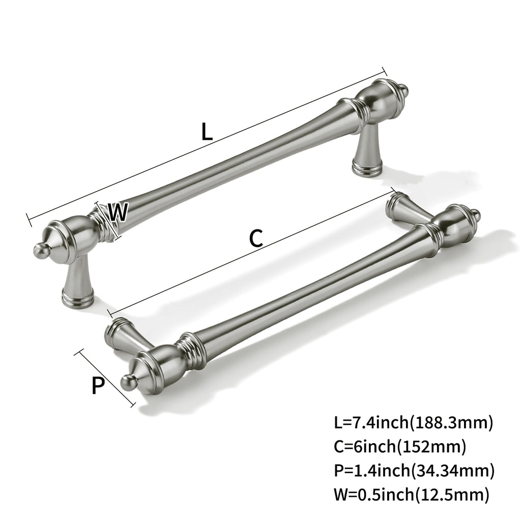 10 Pack 6 inch(152mm) Hole Center Brushed Nickel Cabinet Pulls Heavy-Duty Solid Satin Nickel Cabinet Hardware Drawer