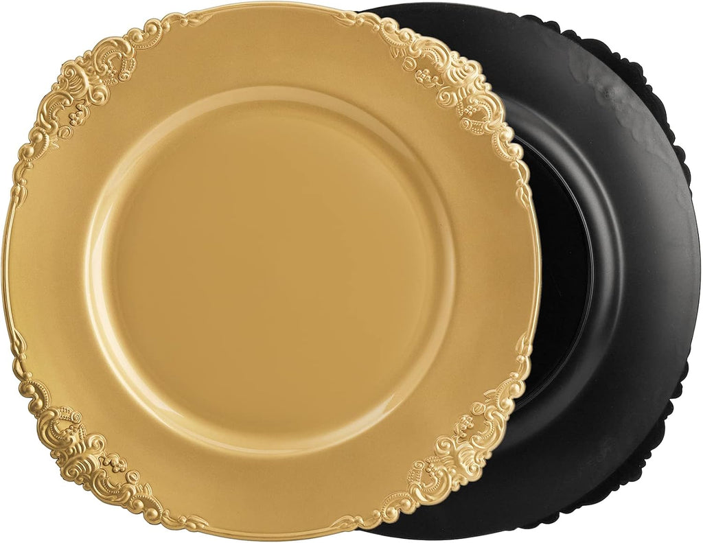 12 Pack Gold Charger Plates, 13" Round Dinner Charger Plates with Embossed Rim for Catering, Wedding, Tabletop Decor