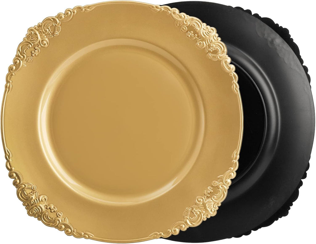 Gold Charger Plates, 13" Round Dinner Charger Plates with Embossed Rim for Catering, Wedding, Tabletop Decor - Set of 12
