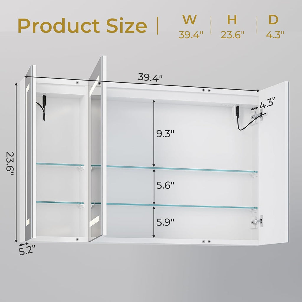 Medicine Cabinet with Mirror and LED Light, Wall Mounted Bathroom Mirror with Storage, 3 Doors Bathroom Wall Cabinet
