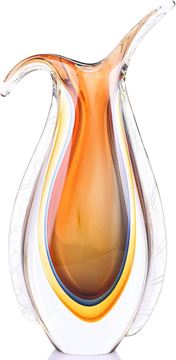 Hand Blown Glass Vase for Centerpiece, Murano Style Table Decoration, Orange Blown Art Glass Ellipse Flower Vase