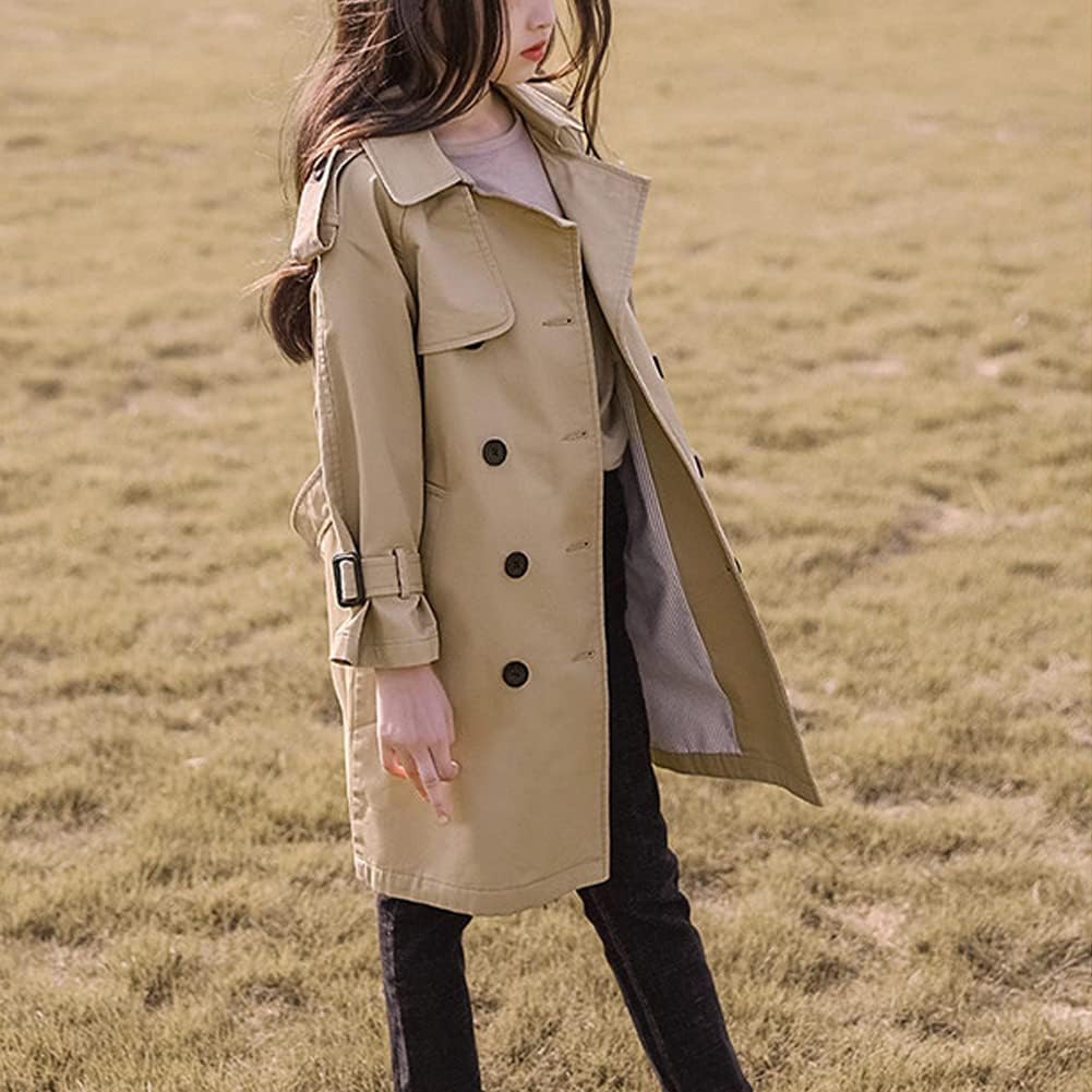 Girls Double Breasted Trench Coat Kids Lapel Long Sleeve Belt Windbreaker Jacket Outerwear with Pockets