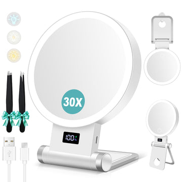 Magnifying Mirror with Light 30X, 2000mAh 1X/ 30X Magnifying Makeup Mirror with Standable Base & Tweezers, 3 Color