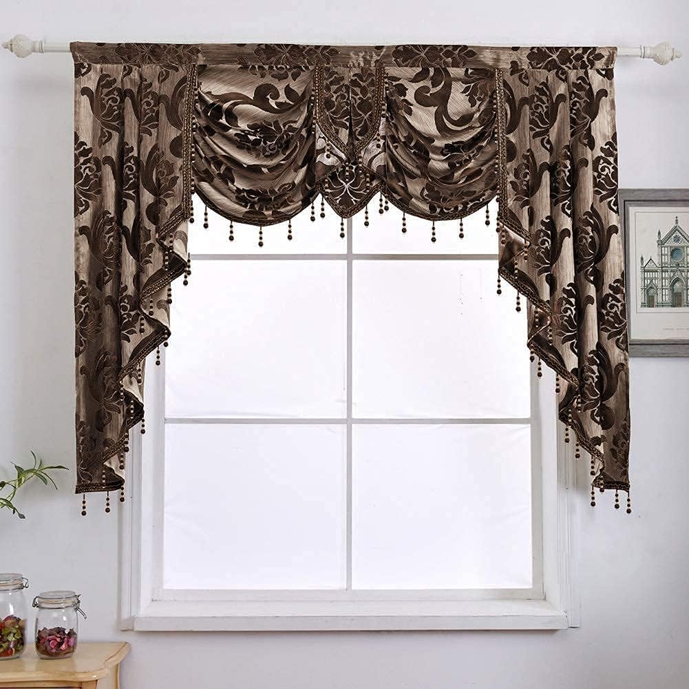 Window Valances, Jacquard Damask Luxury Valance Curtains for Windows, Chocolate Brown Rod Pocket Waterfall Valance