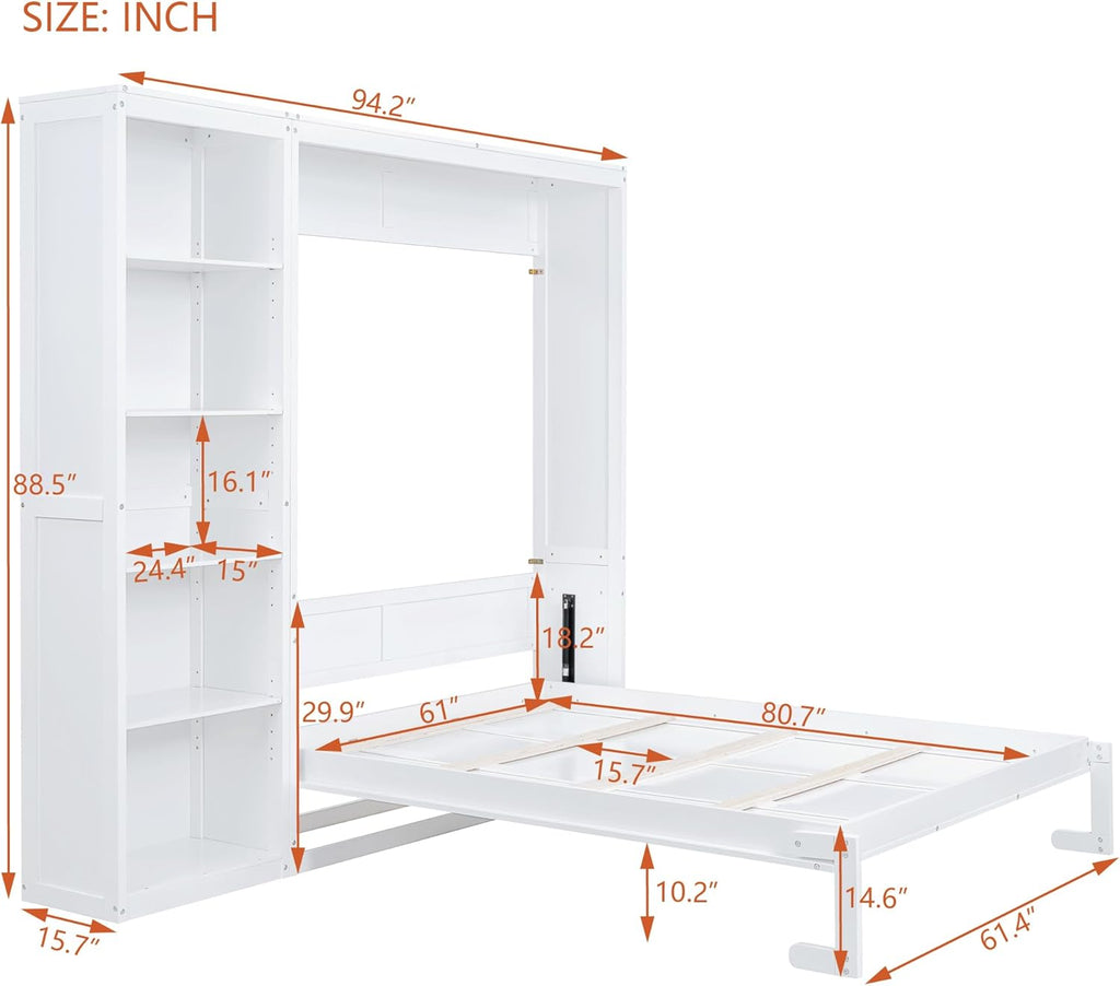 Space-Saving White Murphy Bed Queen with Adjustable Storage Shelves, Multifunctional Foldable Wall Bed for Small