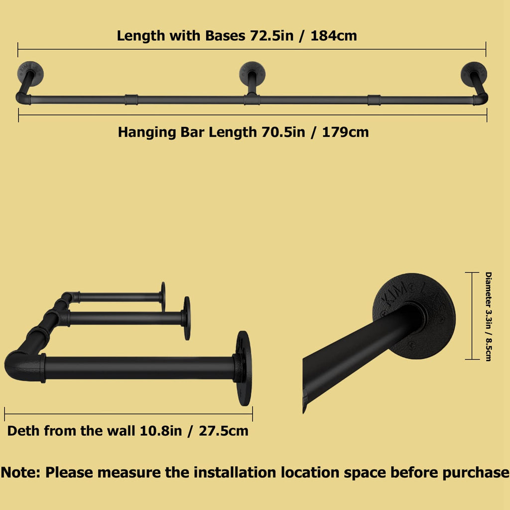 Wall Mounted Clothes Rack, 72.5in Industrial Pipe Clothing Rack for Hanging Clothes, Heavy Duty Garment Rack Wall