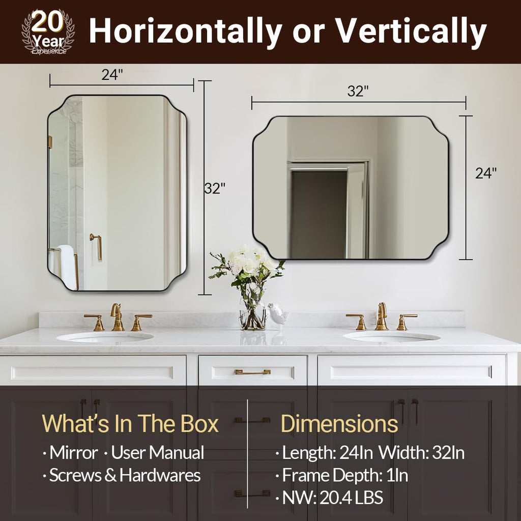 Unique Rectangle Wall Mirror, 24"x32" Black Mirror, Modern Mirror with Aesthetic Scalloped Edge Design Ideal, Thin