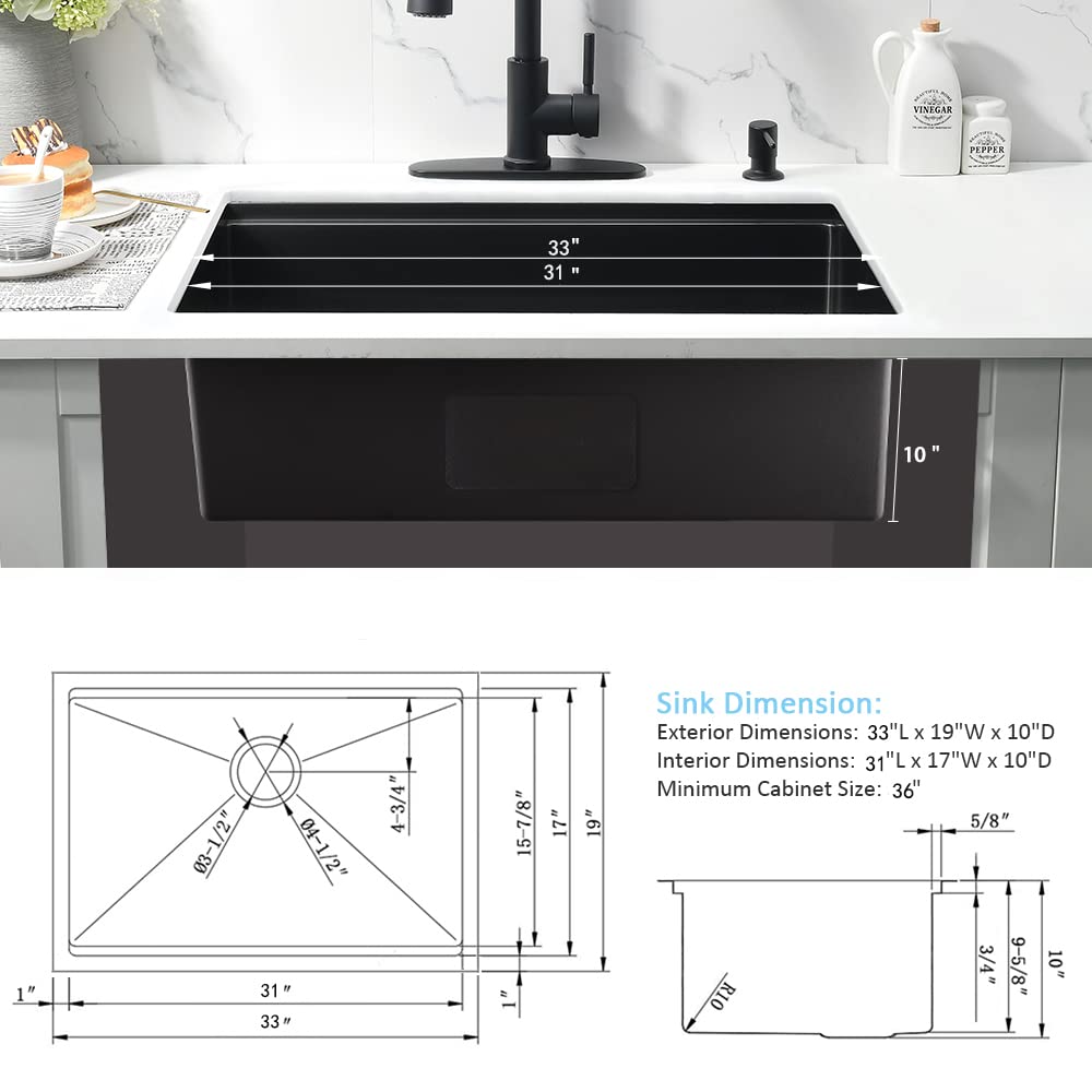 33 Inch Black Undermount Kitchen Sink Workstation- 33x19 Kitchen Sink Undermount Black Stainless Steel 16 Gauge 10"