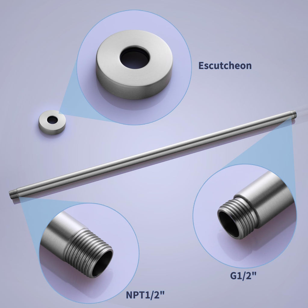 Brushed Nickel 30 Inches Ceiling Mount Round Shower Arm With Flange Straight Extender Extension Pipe Replacement Rain